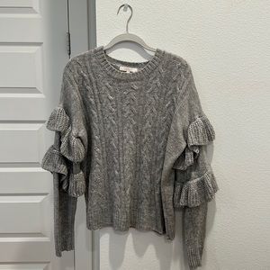 Wayf Gray Cable Knit Sweater with Ruffle Sleeve